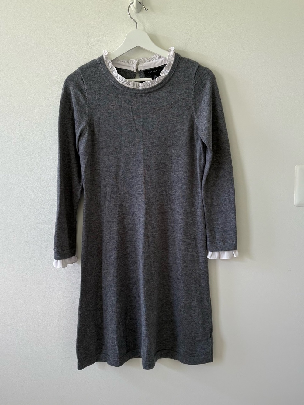 Tahari Women’s Grey Knit Dress with White Ruffle Collar